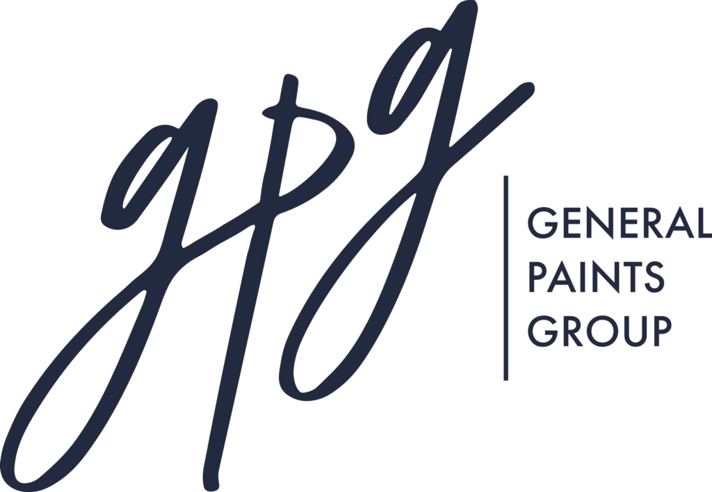 Logo of General Paints Group with stylish initials, representing a paint company brand identity in elegant typography.