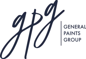 Logo of General Paints Group with stylish initials, representing a paint company brand identity in elegant typography.